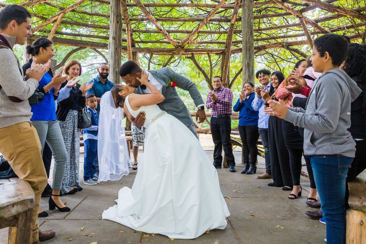 Dip kiss at Cop Cot - Central Park Wedding - New York City